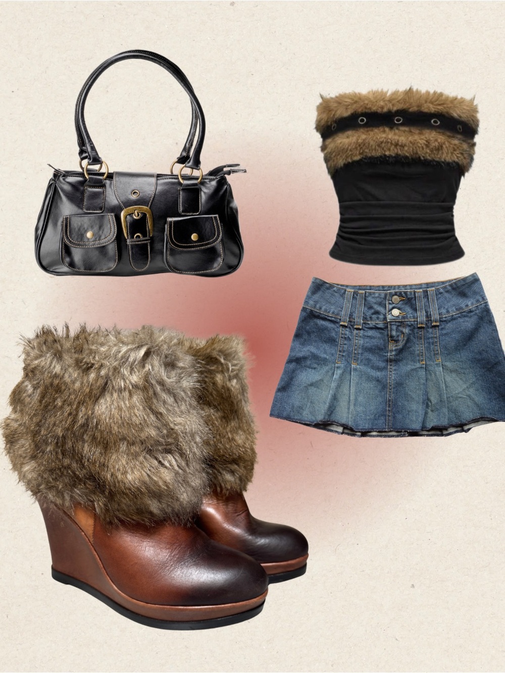 Vince Camuto Y2K Faux Fur Trim Brown Leather Wedge Booties for Women